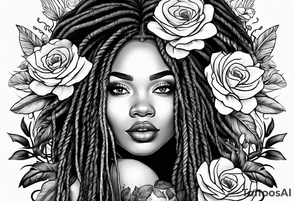 Black woman with long locs and flowers tattoo idea