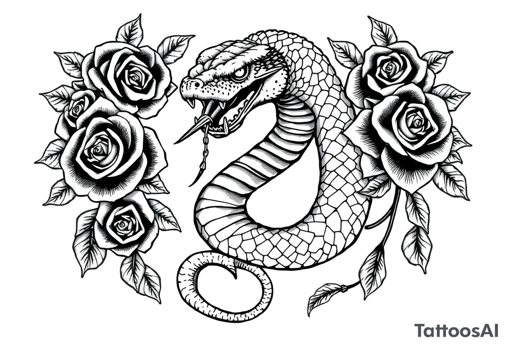 powerful majestic snake surrounded by rose ornaments tattoo idea