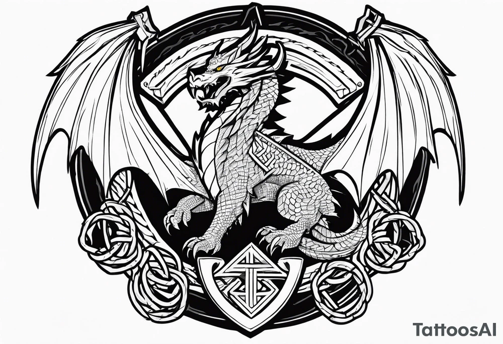 Valhalla sword shield axe barbed wire chains valknut fire dragon tattoo idea Valhalla sword shield axe barbed wire chains valknut fire dragon tattoo idea