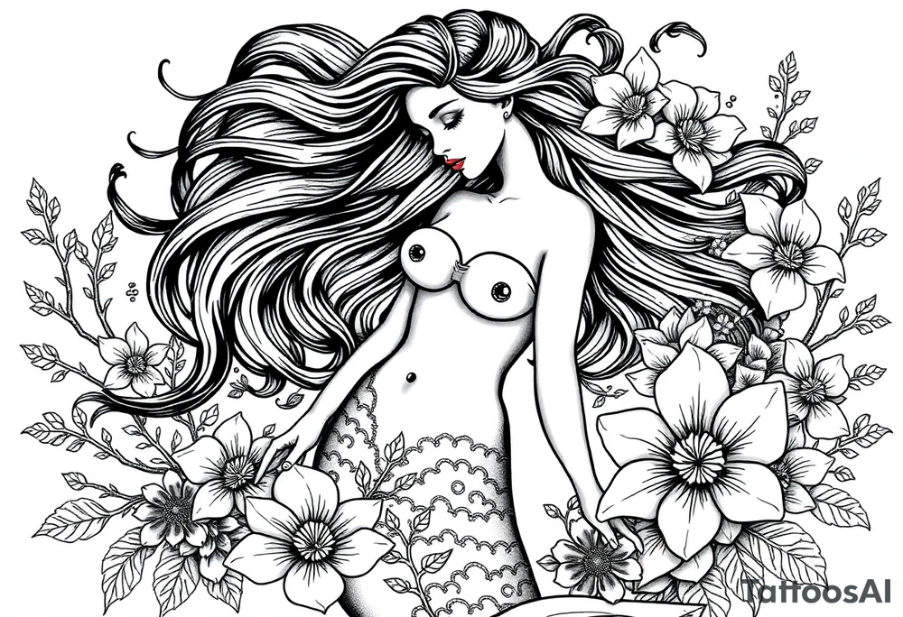 ethereal mermaid with flowing hair among coral and sea flowers tattoo idea