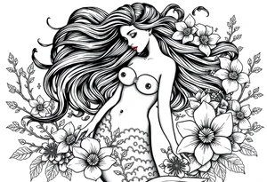 ethereal mermaid with flowing hair among coral and sea flowers tattoo idea