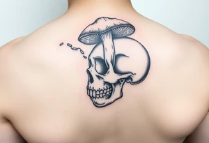 right side of a skull with grown out mushroom flying out of its eyes tattoo idea