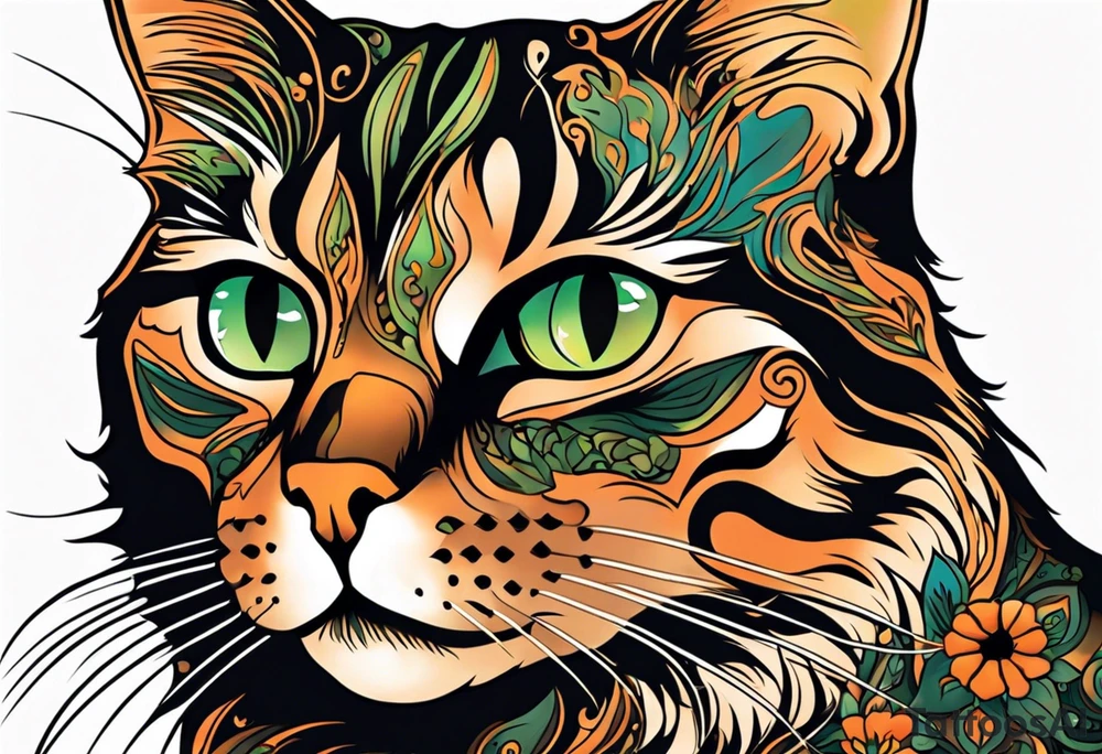 A detailed tattoo design of a tortoiseshell cat, emphasizing its distinct black, orange, and brown fur patterns in a stylized, illustrative manner. The cat's face is turned slightly upwards, with piercing green eyes that are accentuated for a bold, captivating look. Fine details such as the delicate whiskers, sharp ears, and subtle fur texture are highlighted. The background is minimal, perhaps incorporating abstract geometric shapes or soft shading to keep the focus on the cat's striking features. The overall design should be bold yet elegant, with clean lines and intricate shading that brings the cat to life in a timeless, artistic tattoo style tattoo idea