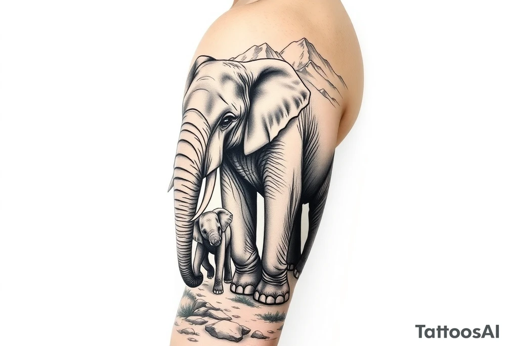 A mother and a baby elephant walking down a mountain trail with the ocean below tattoo idea