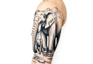 A mother and a baby elephant walking down a mountain trail with the ocean below tattoo idea