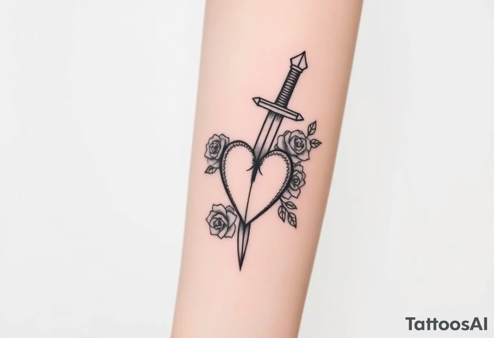 dagger piercing a heart with roses tattoo idea