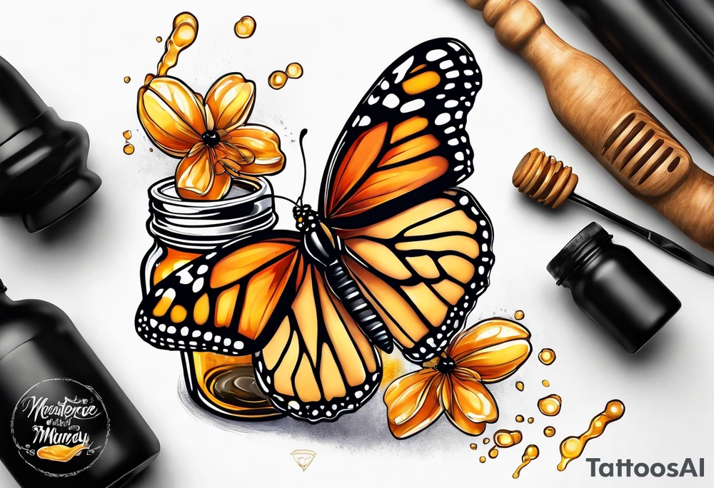 Monarch butterfly with a glass jar of honey with honey spilling over tattoo idea