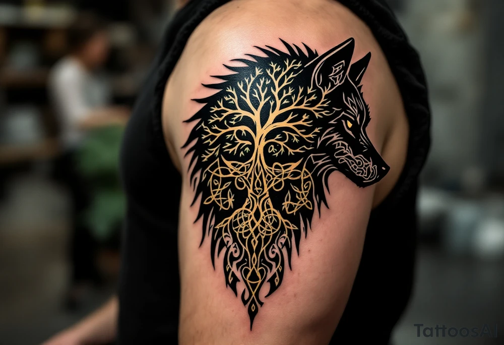 Wolf with Celtic Tree of Life – The silhouette of a black wolf filled with green-and-gold Tree of Life patterns and root knotwork. tattoo idea