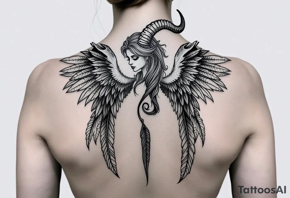 Woman Harpy with horns and lots of feathers tattoo idea