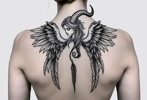 Woman Harpy with horns and lots of feathers tattoo idea