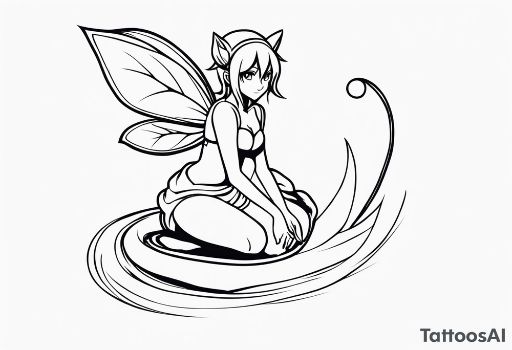 A fairy with a tail inspired by the logo of the show called Fairy Tail in a fetal position leaning with no ears tattoo idea