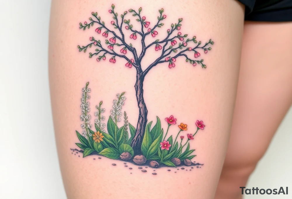 Lilly of the vally plants underneath a blooming hawthorn tree with other colorful plants on ground tattoo idea
