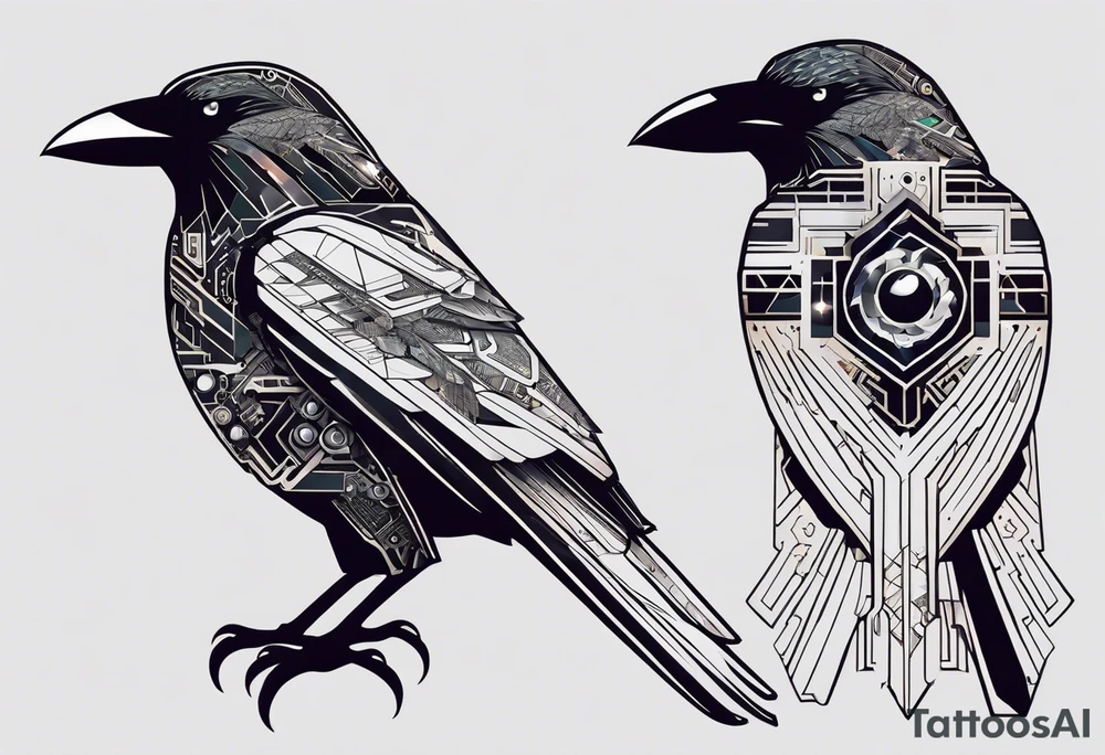 An epic-looking crow sitting on a perch with intricate circuit boards and PCB designs running throughout its feathers. The crow's eye features a tiny CPU fitting perfectly in its pupil. The tattoo will be placed on the outer bicep, primarily in black ink with a small splash of color to make certain elements pop. tattoo idea