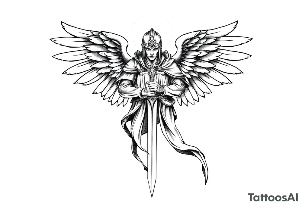 Holy Archangel, Biblical, Christianity, Hebrew, Guards of Christianity, Holding a sword, has six wings, wearing helmet, halo, seraphim, seek justice tattoo idea