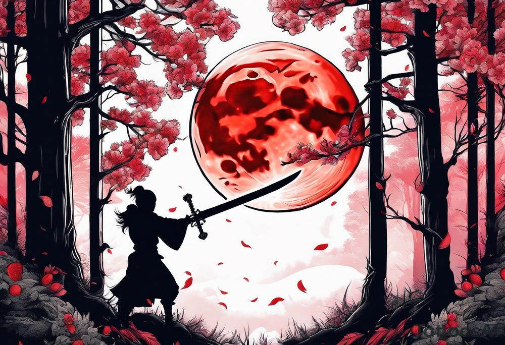 Sword with red moon behind it in the woods tattoo idea