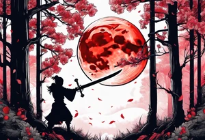 Sword with red moon behind it in the woods tattoo idea