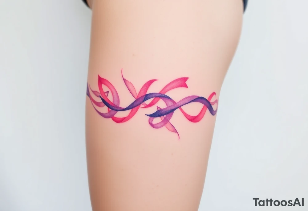 garter tattoo with flowing ribbons in shades of pink and purple tattoo idea