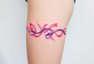 garter tattoo with flowing ribbons in shades of pink and purple tattoo idea