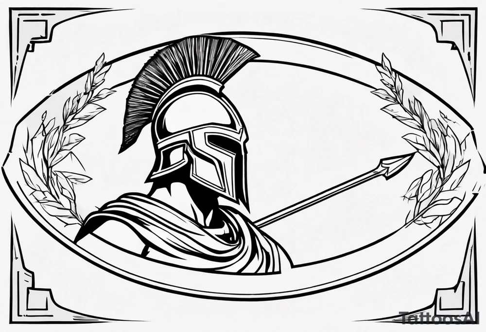 rectangular landscape format ultra-fine line linework vector of a spartan from the side, spartan spear, spartan shield, laurel wreath tattoo idea