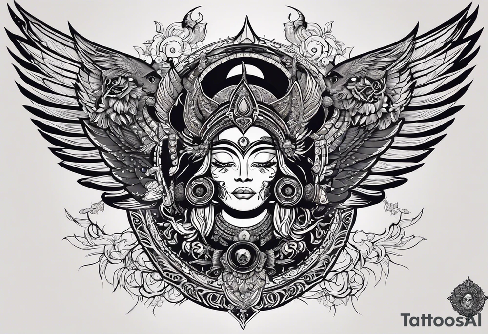 black kali, goddess pirate, alien, angel, pachamama, valkrye, warrior, flying, skull, lotus azul, wing, eagle, zenza resonance, stars, 5D, anahata chakra, death, durga, riding on a tiger, flying lady tattoo idea