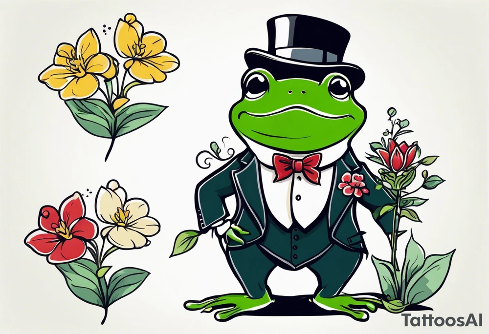 Cute Frog smiling wearing top hat and a suit standing on its Back legs while holding flowers tattoo idea