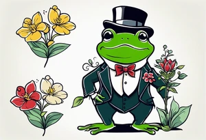 Cute Frog smiling wearing top hat and a suit standing on its Back legs while holding flowers tattoo idea