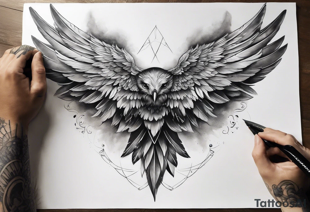 wings extending from a mens shoulders, covering the upper arms and upper back. The feathers are intricately detailed, with soft shading in black and gray to create depth and texture. The wings gently converge in the middle of the back, forming a harmonious and cohesive design. tattoo idea