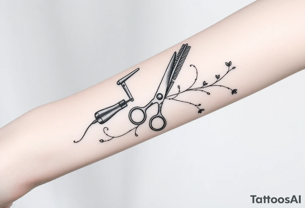 shears running down 3/4 length of the forearm, with a blowdryer,comb, hair color color brush, groups of hair bobby pins and vines woven throuout tattoo idea