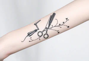 shears running down 3/4 length of the forearm, with a blowdryer,comb, hair color color brush, groups of hair bobby pins and vines woven throuout tattoo idea