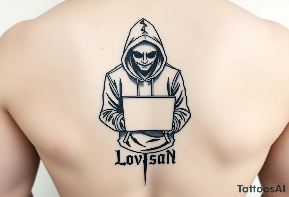 Create a Image of Guy in a hoodie with laptop, like hacking, can you Make IT small so IT fits IT leg, ADD some like Matrix text that says Lovsan. tattoo idea