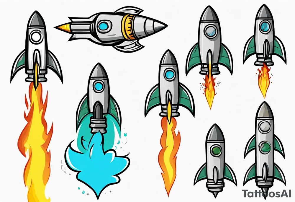 Simple cartoon rocket in green, gray, yellow, blue. Fire coming out the rocket. Black ring around the rocket with "26.2" written at the 10 o-clock position tattoo idea