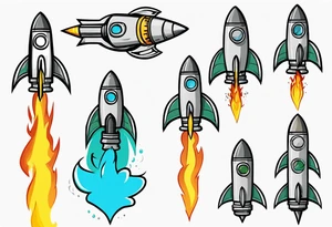 Simple cartoon rocket in green, gray, yellow, blue. Fire coming out the rocket. Black ring around the rocket with "26.2" written at the 10 o-clock position tattoo idea