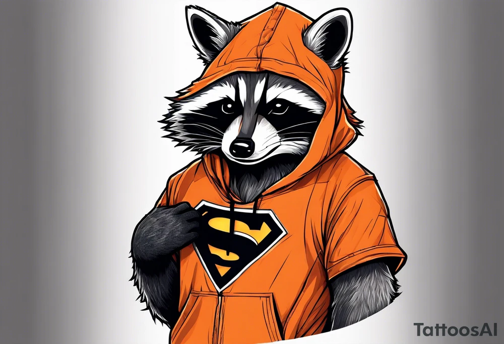 Raccoon wearing an orange Superman hoodie tattoo idea