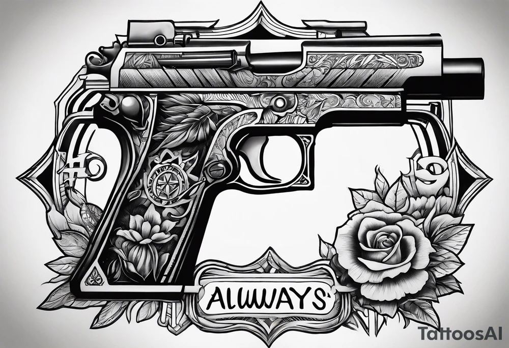 The letters AR with a pistol on each side and the word always on the top and ready on the bottom tattoo idea