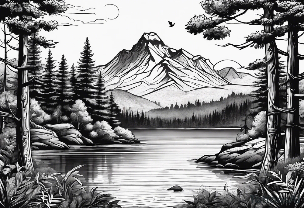 A forest with a lake. Woth a small island in the middle. On the island there a gate tattoo idea