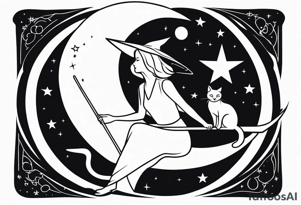 Witch sitting on a moon, black cat, stars,  broom tattoo idea