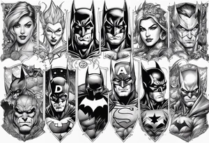 Full arm sleeve tattoo extending from shoulder to wrist featuring an assemble of all the emblems of DC comic heroes and villians tattoo idea