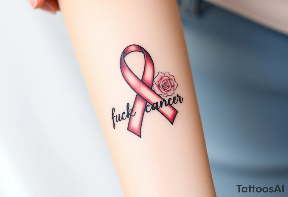 Pretty Cancer ribbon that says "fuck cancer"with light pink roses tattoo idea