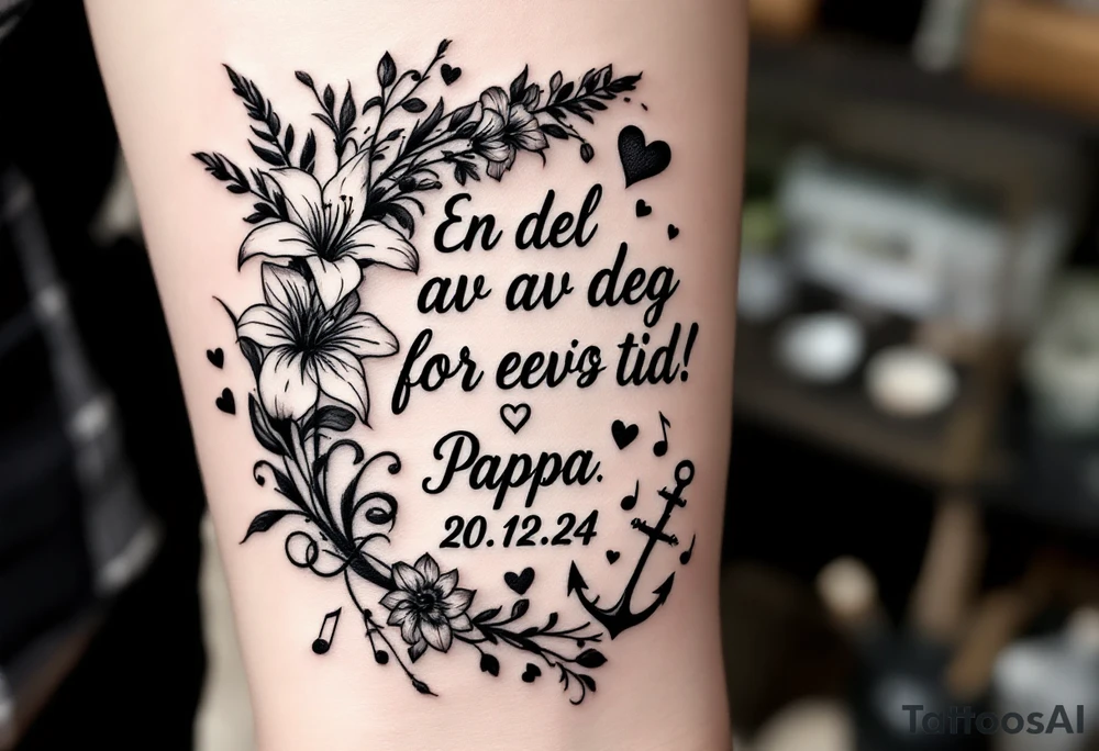 make a quote that says "En del av deg for evig tid! Pappa 20.12.24" Surrounded by gladiolus, music notes, hearts and an anchor tattoo idea