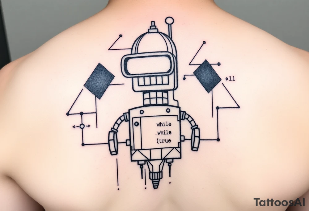 Geometric tattoo design of a robot inspired by Bender from Futurama, made of abstract shapes, triangles, circles and lines. The robot is integrated with subtle programming elements like code brackets, binary digits (0 and 1), or a minimal 'while (true) {}' loop within the structure. No shading, only clean black lines. Designed for shoulder placement, with a modern, tech-inspired look. tattoo idea