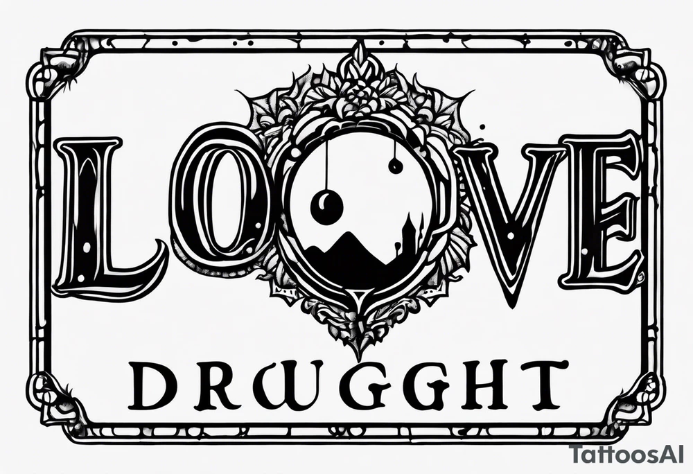 small simple tattoo with the words "love drought" in a nice font with a melting heart design underneath it tattoo idea