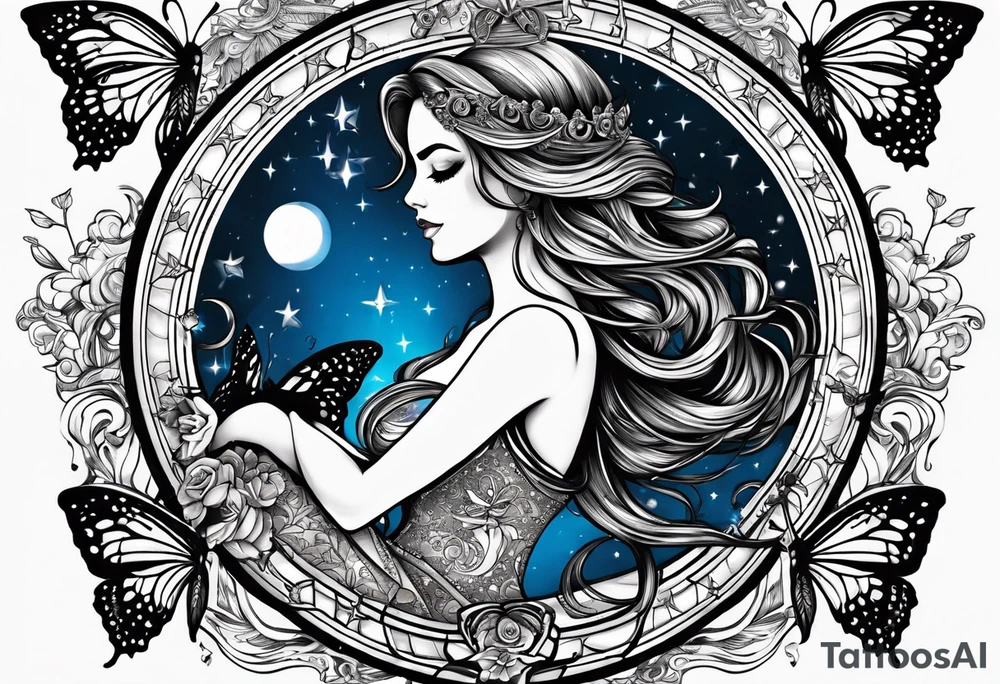Beautiful woman with butterflies in her long wavy hair sitting on a half moon holding the libra scales with a moon and star background tattoo idea