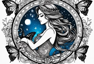Beautiful woman with butterflies in her long wavy hair sitting on a half moon holding the libra scales with a moon and star background tattoo idea