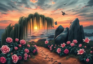 Dark ocuean with rocks sunset, weeping willow garden with roses and lilies flower beds. fantasy creatures, fairies, siren, dragonflies, butterflies, cat paw prints path in dirt. tattoo idea