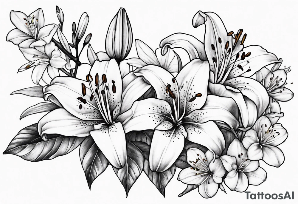 5 lilies and cherry blossom branch tattoo idea