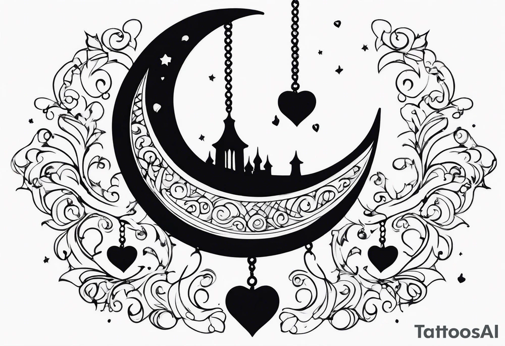 Crescent moon with hearts dangling from the bottom of it tattoo idea
