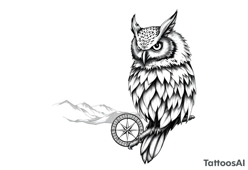 an owl,a compass,landscape. tattoo idea