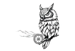 an owl,a compass,landscape. tattoo idea