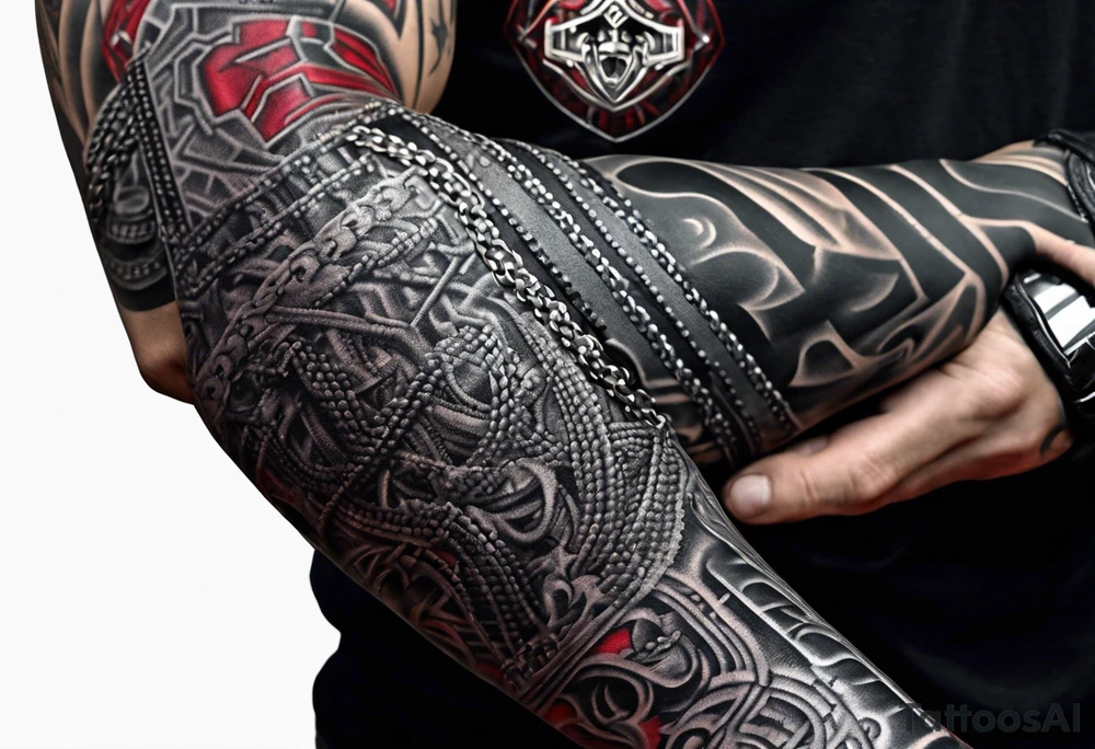 Full Arm sleeve, black, gray, silver, red, royal blue, subtle motorcycle chain, wrestler tattoo idea