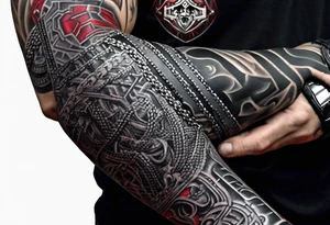 Full Arm sleeve, black, gray, silver, red, royal blue, subtle motorcycle chain, wrestler tattoo idea